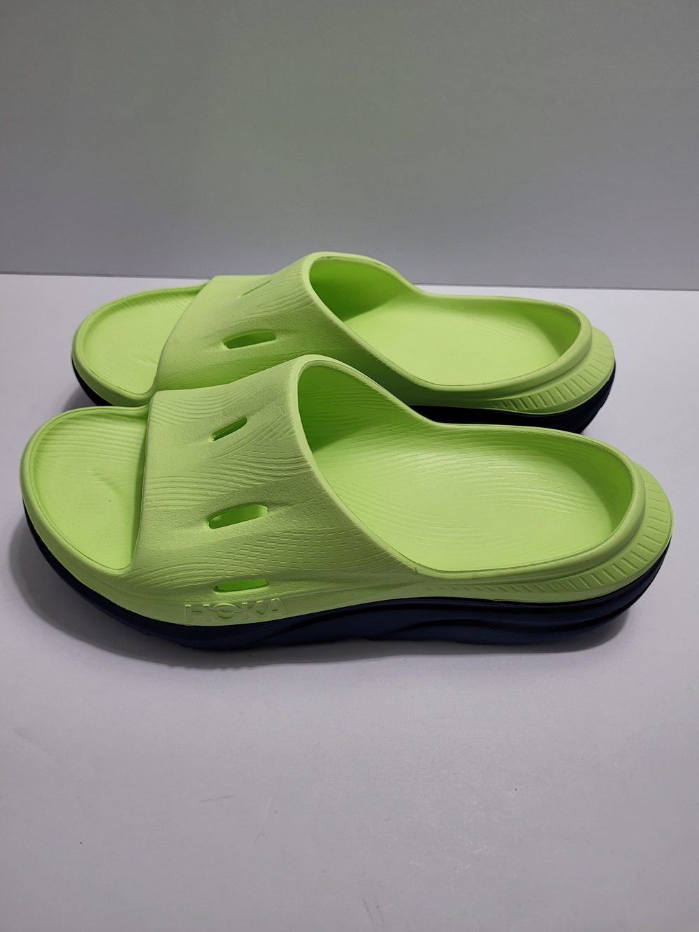Hoka Ora Recovery Lime Green Slide Sandals with Dark Sole